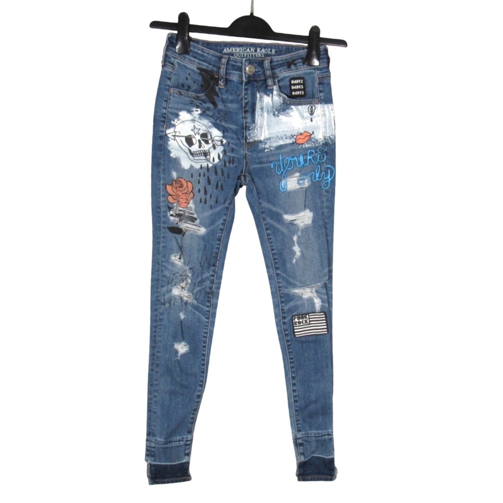 AMERICAN EAGLE Super Stretch HI-RISE Graffiti Patches Painted JEGGINGS JEANS 2